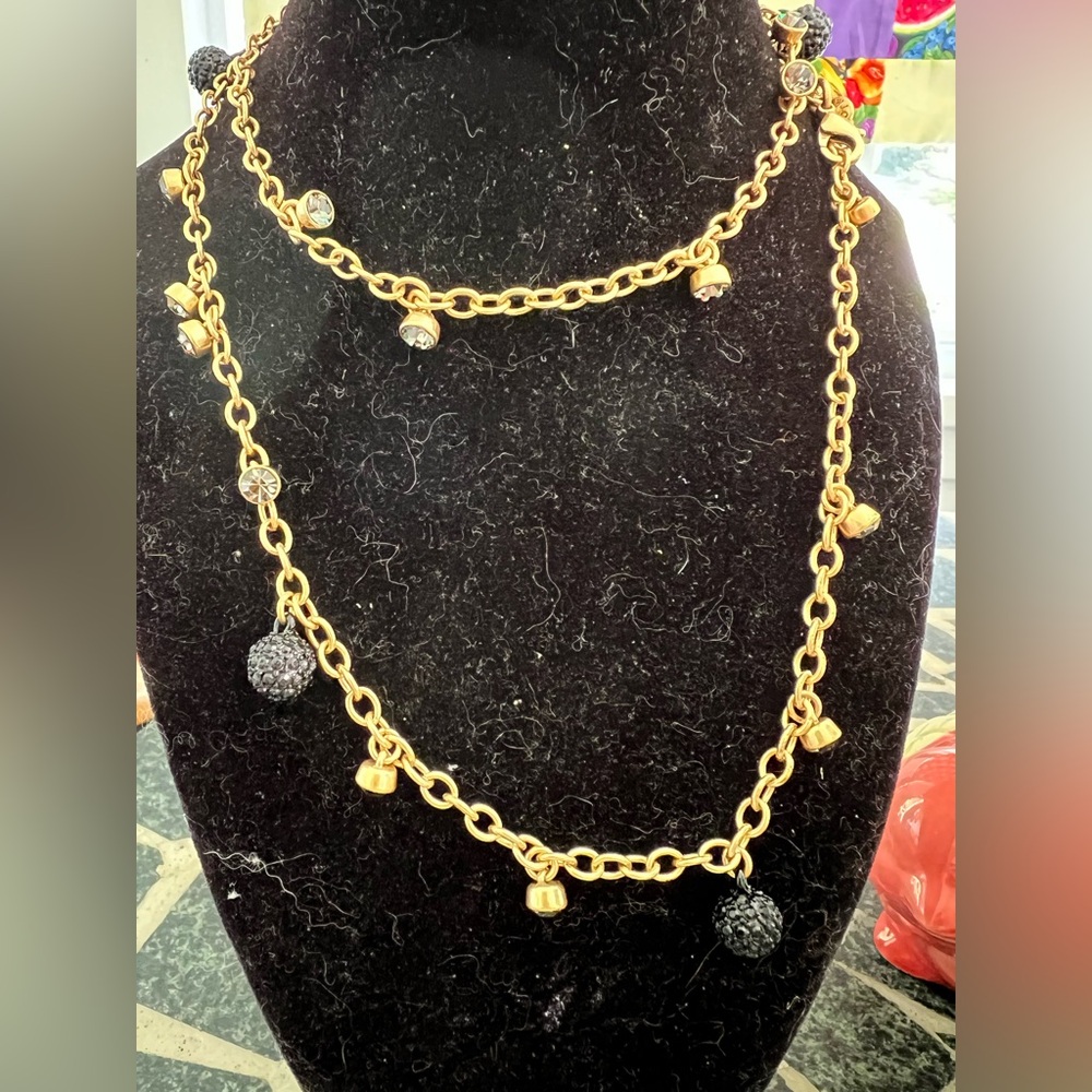 J Crew rhinestones and black textured beaded long layering necklace. Gold tone